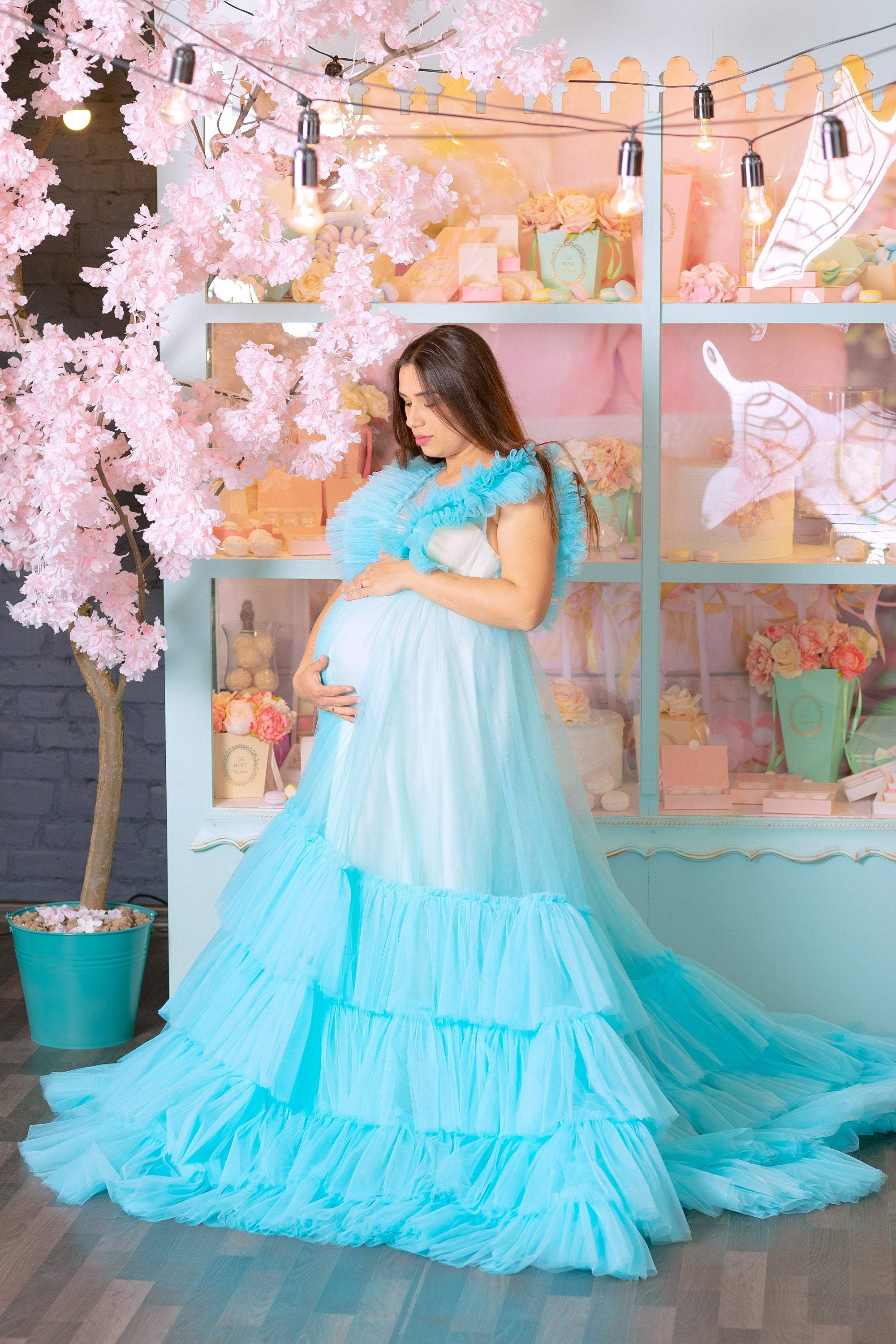 Aqua Blue Tulle Maternity Ruffle Gown ...
